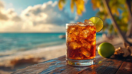 Refreshing Cuba libre cocktail sits on a wooden table by the beach during sunset