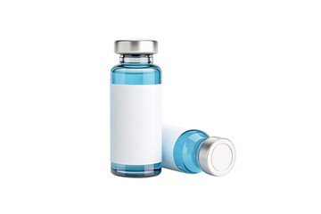 Two sleek medical vials, one upright, one lying down, both containing blue liquid and labeled in white, isolated on a transparent background