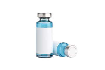 Two sleek medical vials, one upright, one lying down, both containing blue liquid and labeled in white, isolated on a transparent background