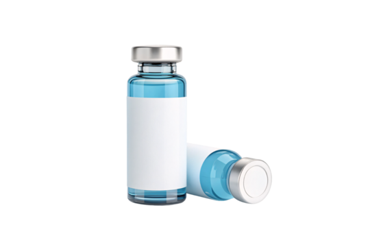 Two sleek medical vials, one upright, one lying down, both containing blue liquid and labeled in white, isolated on a transparent background