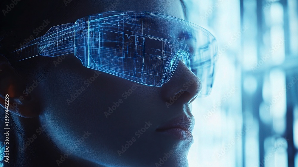 Poster engineer with smart glasses in a futuristic 3d environment