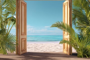 View from the open wooden door to a tropical beach with palm leaves and a blue sea