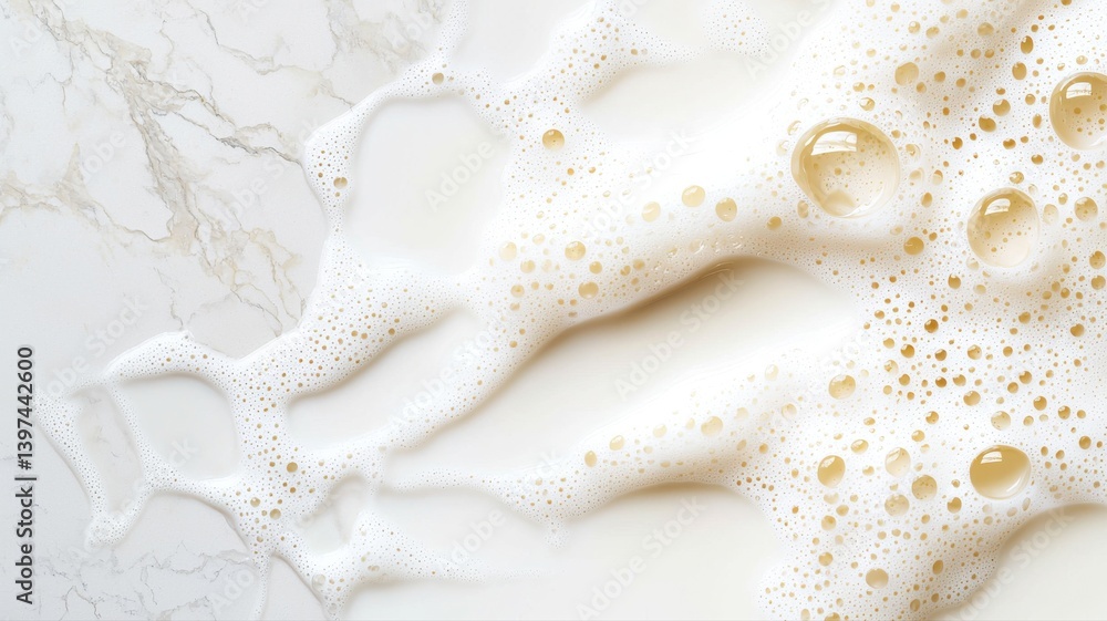 Aufkleber foamy beverage surface with bubbling texture on a marble countertop, creating a refreshing visual.