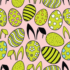 Happy Easter Vector Greeting Design Element. Decorative Easter Eggs Seamless Pattern. Decorated and painted eggs texture. Repeatable Endless Flat Style Design in Creative Pastel Colors. 