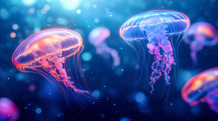 Surreal glowing jellyfish illuminate the deep sea with vibrant colors and luminous plankton