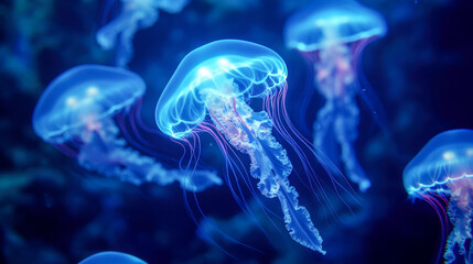 Glowing jellyfish drift gracefully through a magical underwater realm