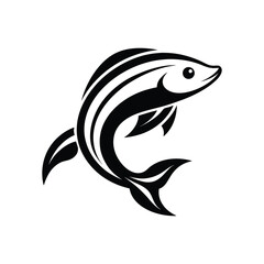 Black and white artistic line art of a swimming fish on white background.eps