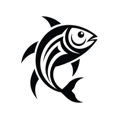 Black and white tribal-style fish design in ink on white background.eps
