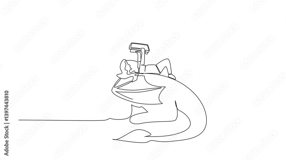 Poster animated self drawing of single one line drawing girl reading book on cute dragon. relaxing while re