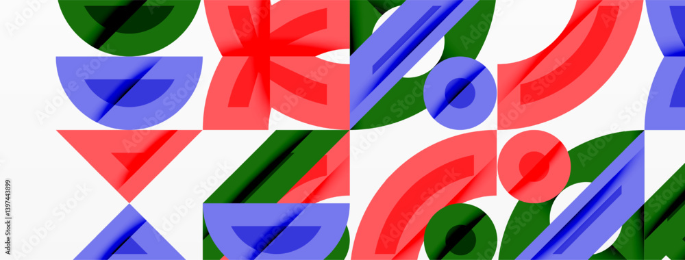 Poster abstract geometric pattern. bold shapescircles, triangles, curvesinterlock creating vibrant, colorfu