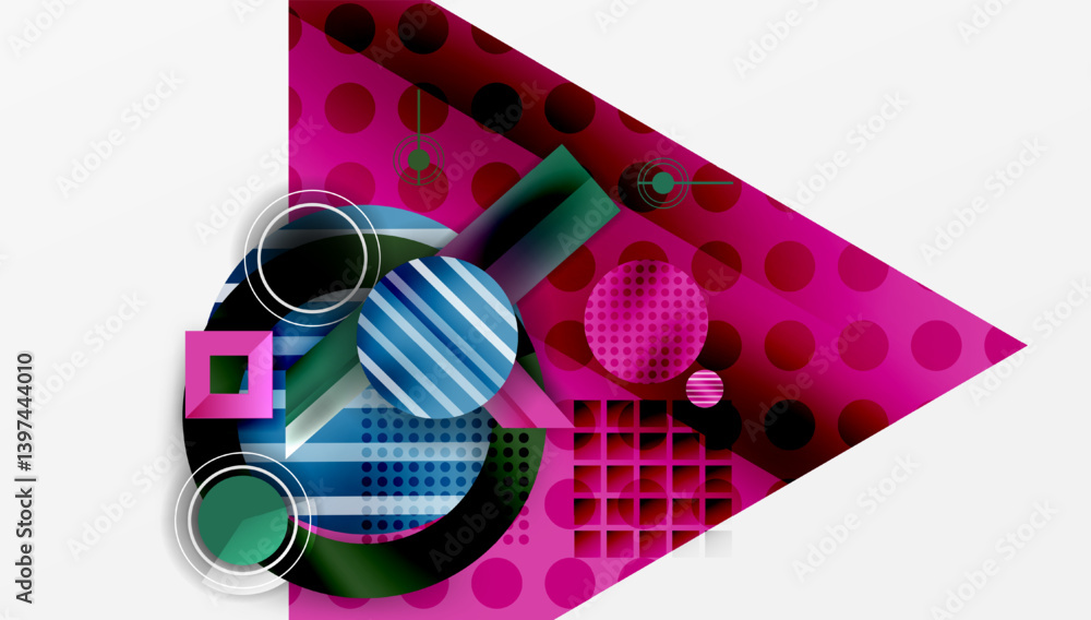 Aufkleber Abstract composition featuring overlapping geometric shapes. Pink background with dots contrasts circles, squares, lines creating dynamic visual effect. Modern design elements present.