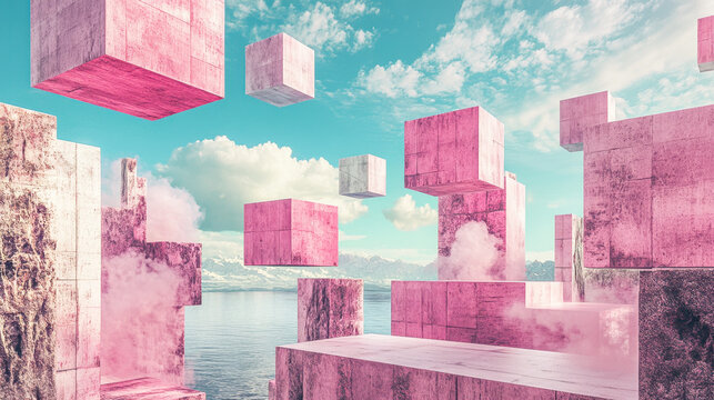 Floating brutalist pink cubes create a stunning digital landscape with glitch effects