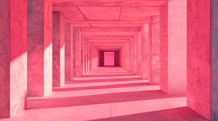 Fototapeta premium Futuristic brutalist tunnel illuminated in neon pink light showcasing geometric symmetry