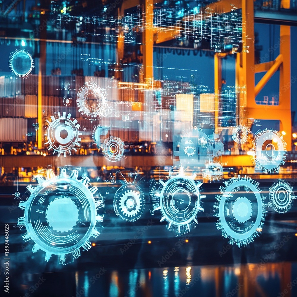 Poster double exposure of technology interface with gears and data visualization