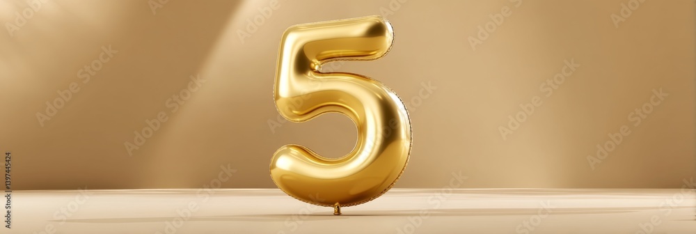 Poster glossy 3d cartoon balloon number five hovering in light background