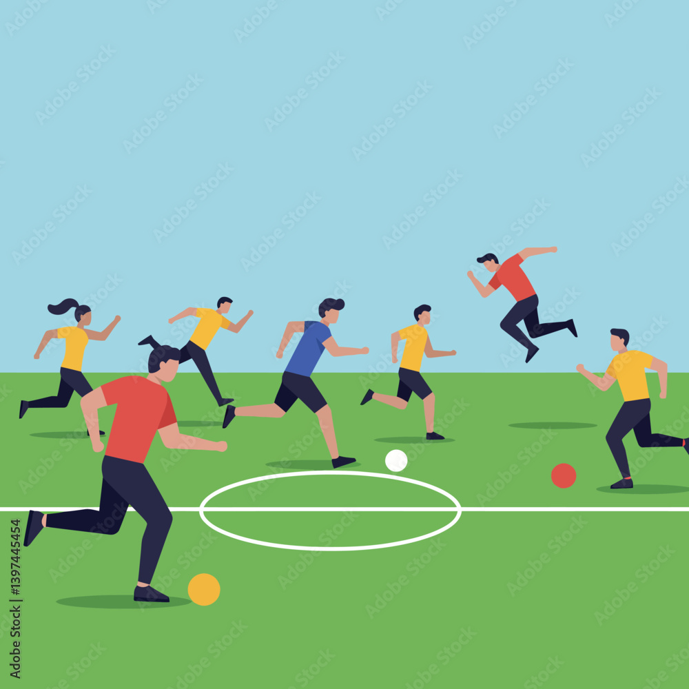 Poster dynamic soccer players in colorful uniforms running energetically on a green field, showcasing teamw