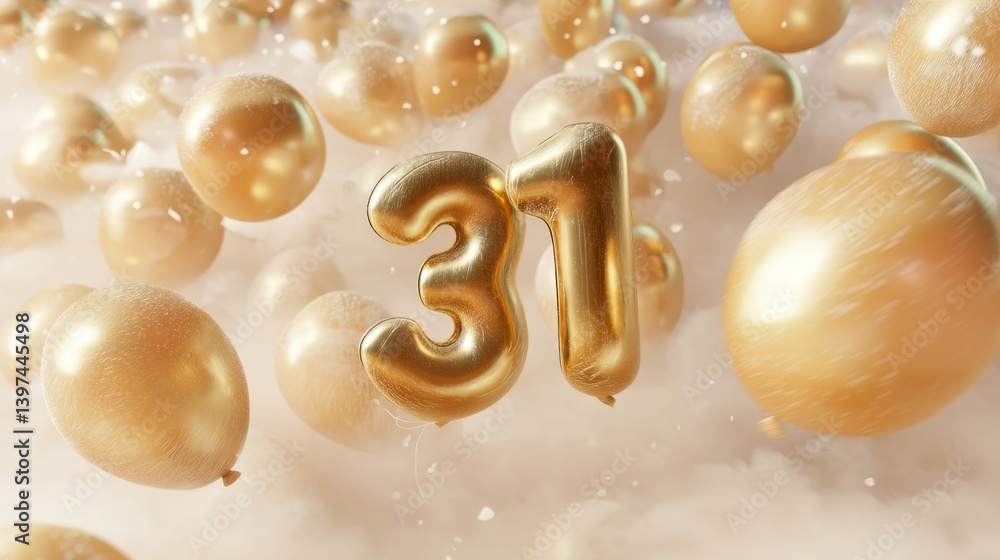 Poster glossy floating balloons with number 31 in soft focus background