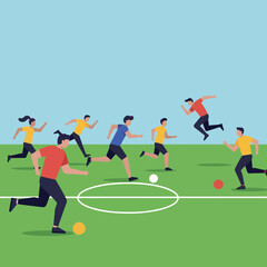 Dynamic soccer players in colorful uniforms running energetically on a green field, showcasing teamwork and enthusiasm in a flat vector illustration