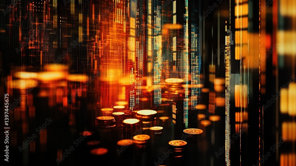 Poster double exposure financial graphs with rows of coins and data