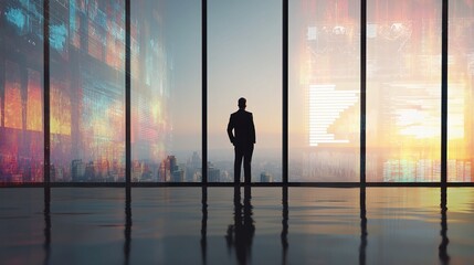 Fototapeta premium Entrepreneur Gazing Out at Cityscape from Skyscraper Window