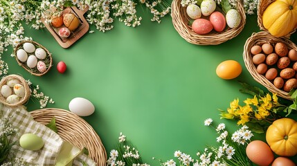 Natural minimalism-inspired flat Easter picnic arrangement on green layout background, symbolizing nature celebration and spring picnic setup.
