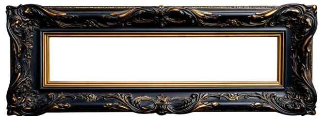 Black carved wooden frame. Carved gilded frame on isolated background, Neoclassical full picture frame.