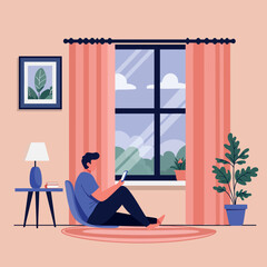 Obraz premium A man sitting on a blue chair in a cozy room, engaging with his smartphone, featuring a flat design style, vector illustration