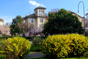 Naklejka premium Old residential buildings along Piazza Tommaseo in Milan, Italy
