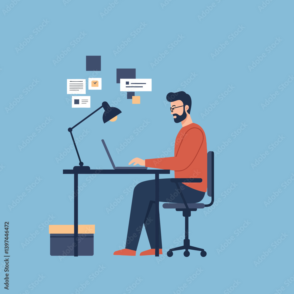 Poster a focused man working at a desk with a laptop in a flat style vector illustration, surrounded by dig