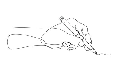 Continuous single line hand holding pen pencil write something sign document and diary. Business and school concept sketch drawing editable stroke vector illustration