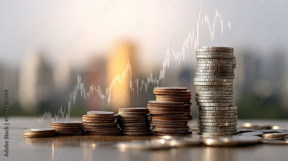Poster stack of coins with business graph chart and financial background