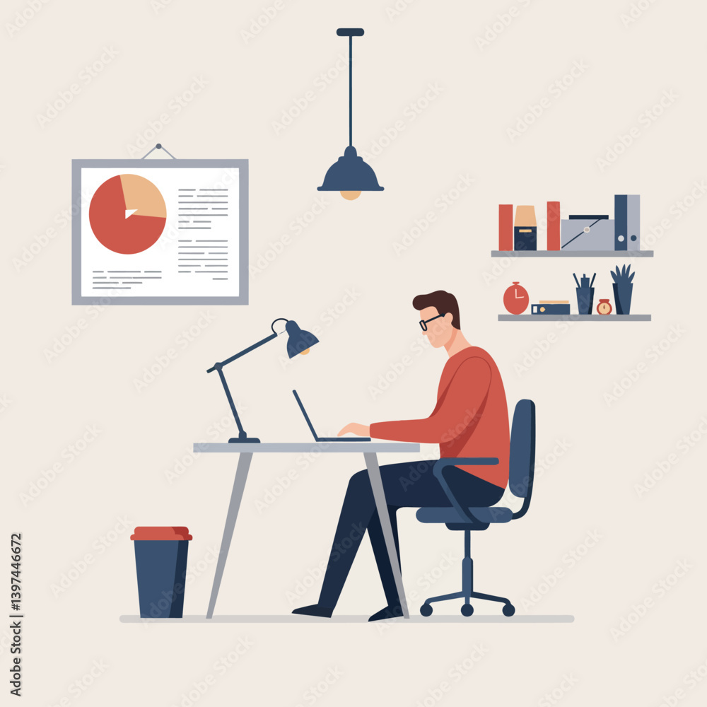 Poster a focused man working diligently at a modern desk with a laptop in a minimal style setting, showcasi