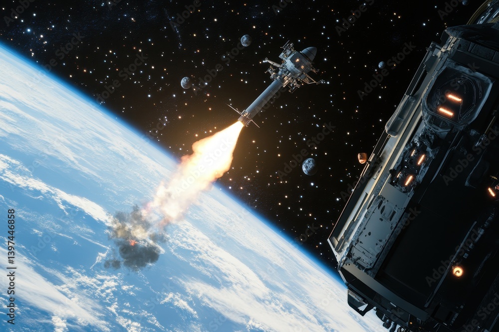 Poster rocket launching from a space station into the depths of outer space with visible planets