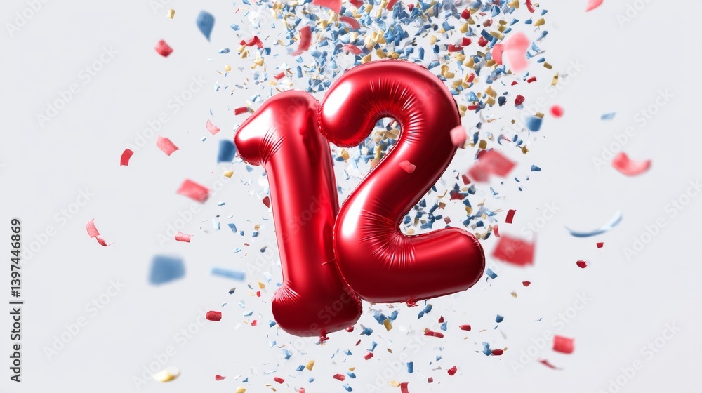 Poster shiny red number balloon 12 with colorful confetti background