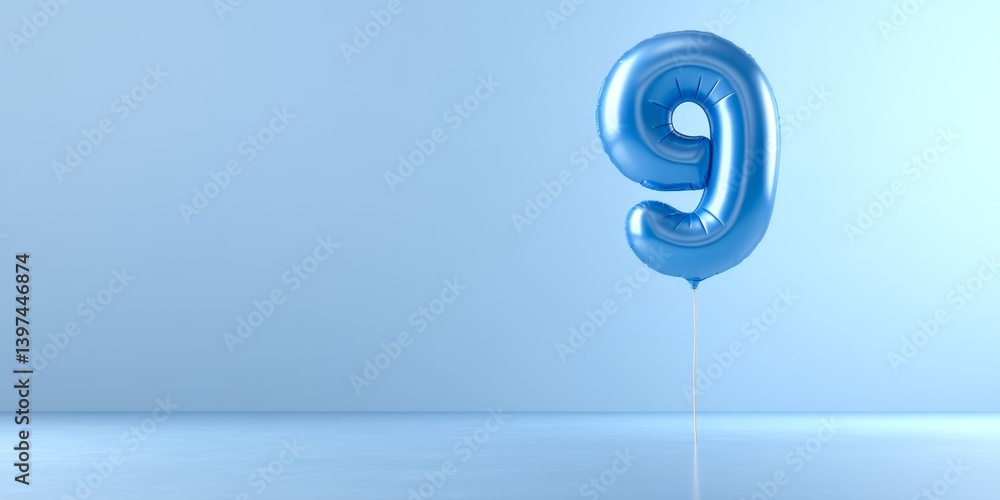 Poster blue balloon number nine floating on soft background