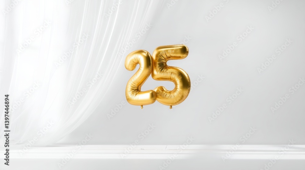 Poster golden number balloon floating in clean white space background