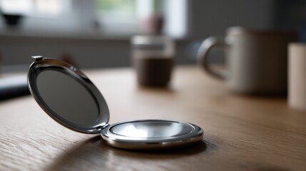 A delicate compact lies open on a wooden surface, embodying timeless elegance, with soft lighting casting gentle reflections.