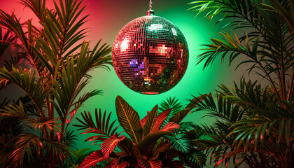 Tropical party ambiance with mirrored disco ball and lush plants, celebration