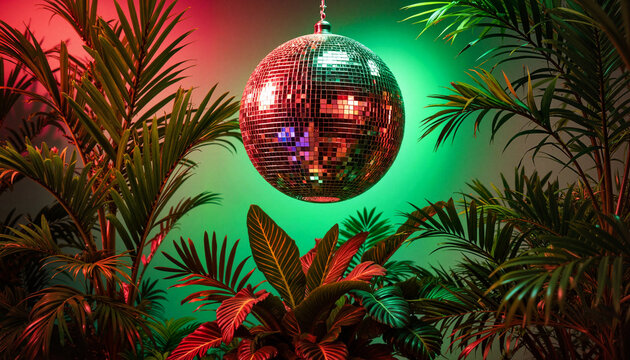 Tropical party ambiance with mirrored disco ball and lush plants, celebration