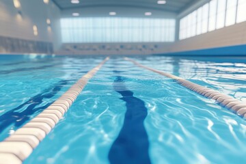 Obraz premium Clear water reflections and swimming lanes in an indoor pool on a sunny day