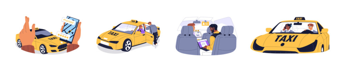 Passengers are in taxi cab set. People order online, rate driver, get into car. Taxicab chauffeur drives automobile, carries clients on back or front seats. Flat isolated vector illustrations on white © Paper Trident