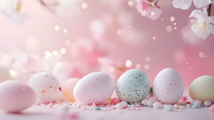 Soft pastel background Easter display with decorative elements for festive celebration.