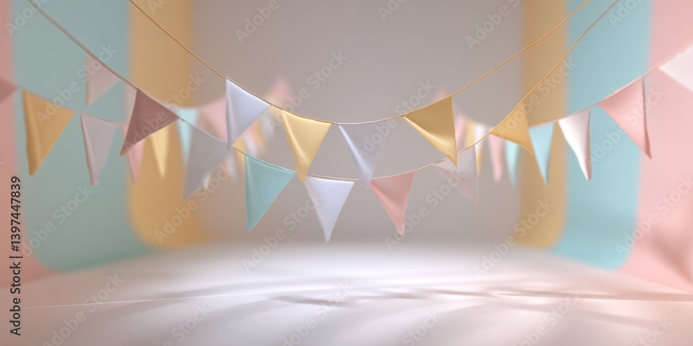 Poster soft minimalist 3d render of birthday bunting and flags in colors
