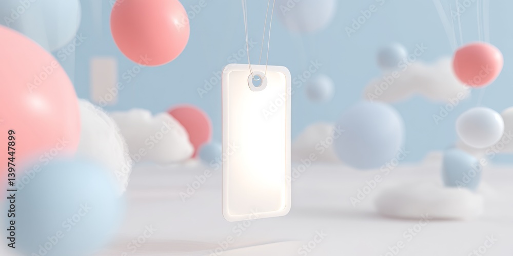 Poster floating 3d birthday tag icon in a colorful soft background