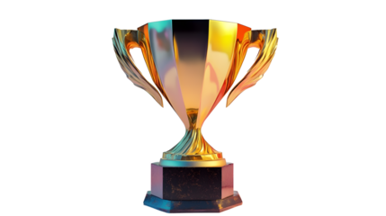 First place gold trophy cup isolated on free PNG background. 3d rendering. Collection of futuristic cups. 