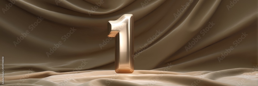 Poster gleaming 3d metallic number one on soft satin fabric background