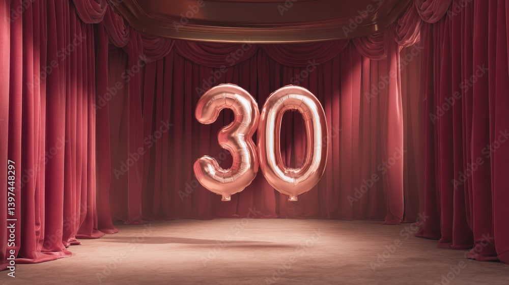 Poster 3d metallic number balloon icon in stage setting with curtains