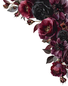 Watercolor dark red, burgundy, marsala, and black roses floral border, vintage victorian gothic style. Botanical corner frame. PNG clipart.