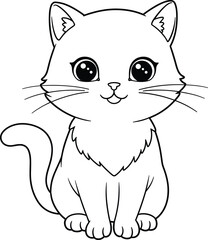 Cute Cartoon Cat Line Art – Vector Illustration of Smiling Kitten for Coloring and Crafts