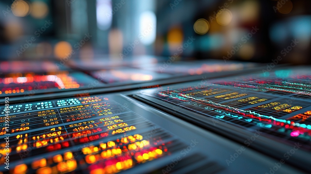 Poster glowing stock data on excel sheets for business analysis and insight
